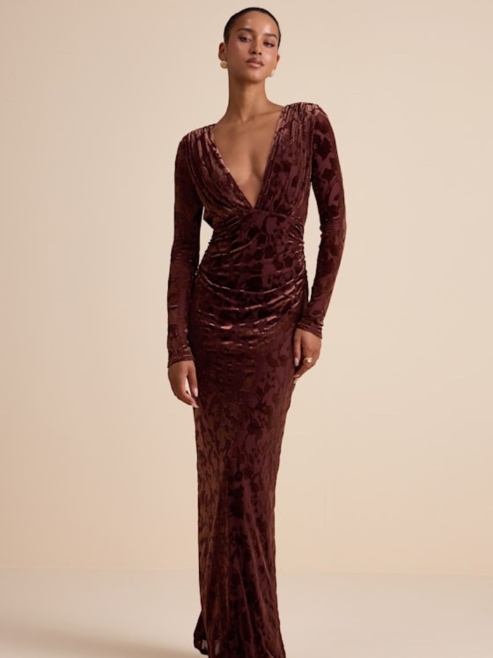 Lulus Patricia Brown Velvet Burnout Long Sleeve Maxi Dress - Size XS